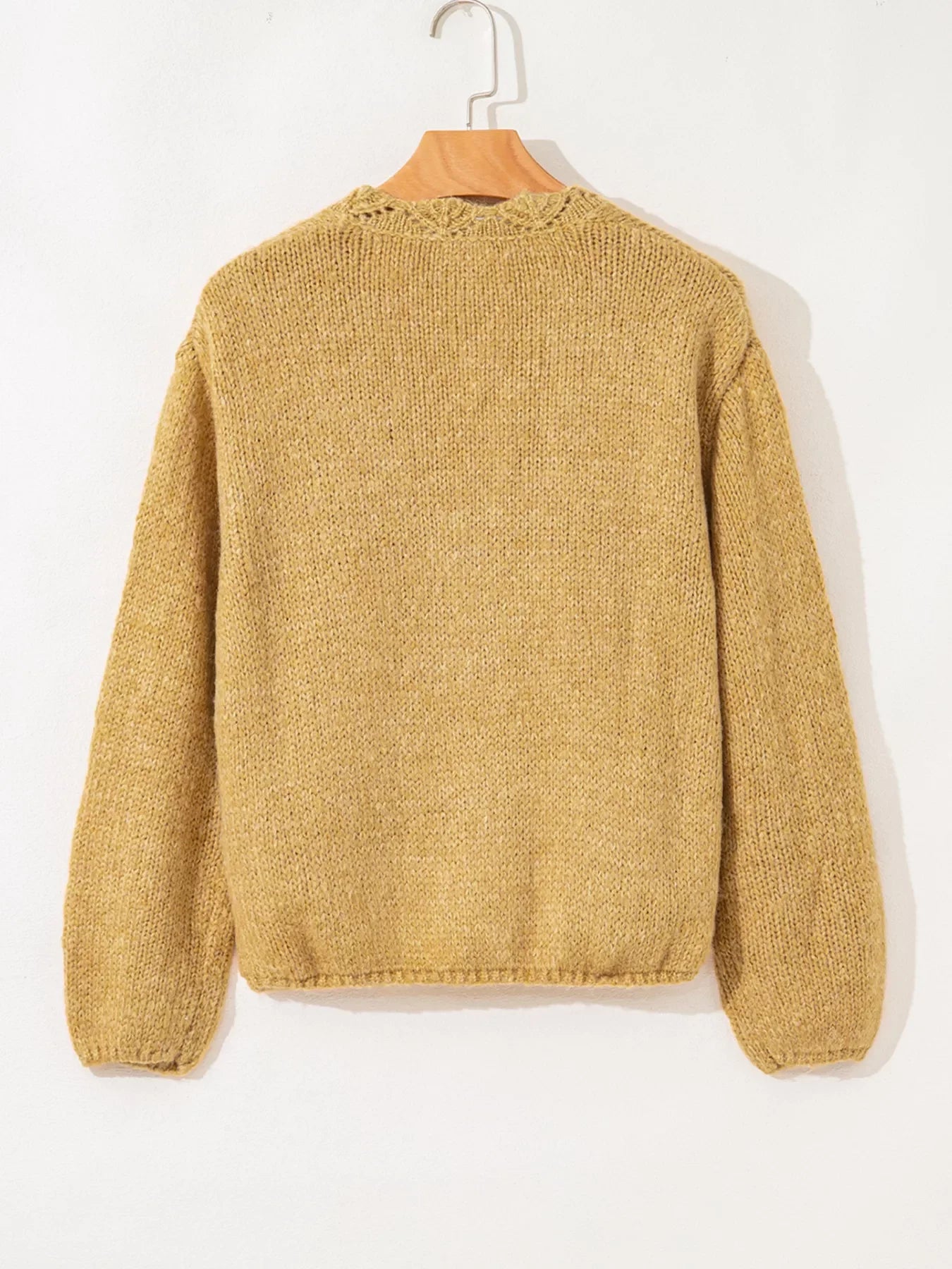 Women Lantern Sleeve Scallop V Neck Buttoned Front Cardigan Sweater