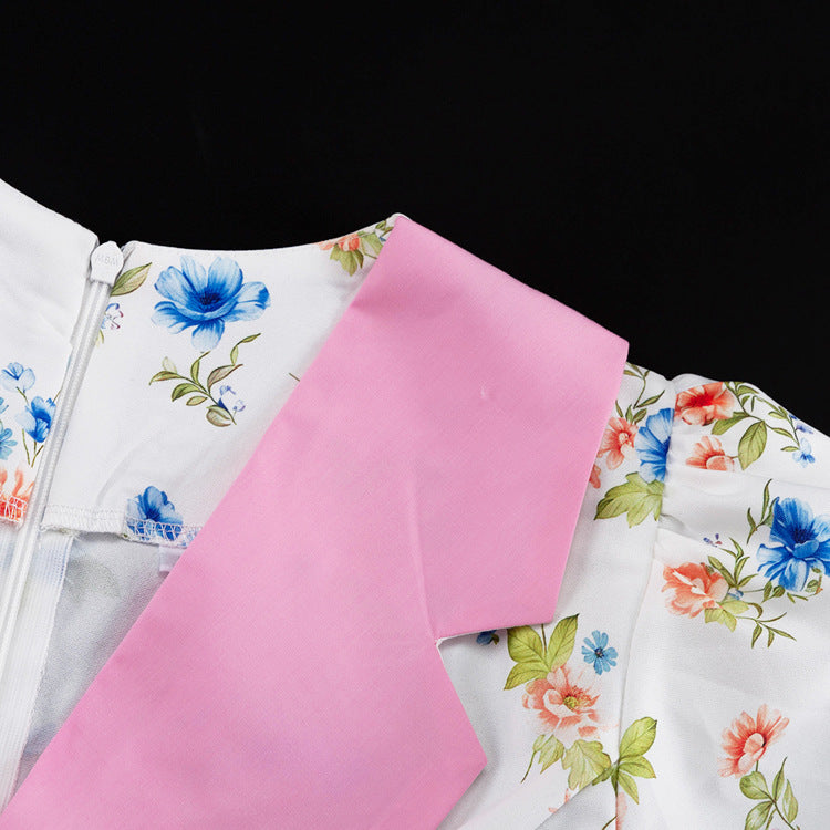 Contrast Lapel Puff Sleeve Floral Print Midi Dress