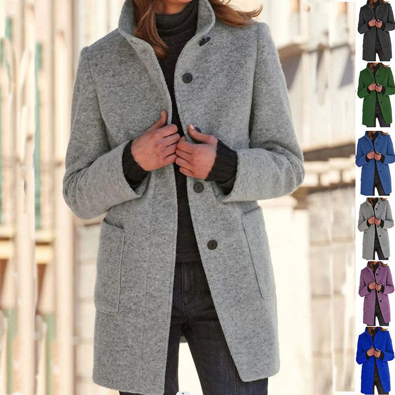 Women's Stand Collar Woolen Coat - Slim Fit Fall and Winter Button Front Trench Coat with Pockets