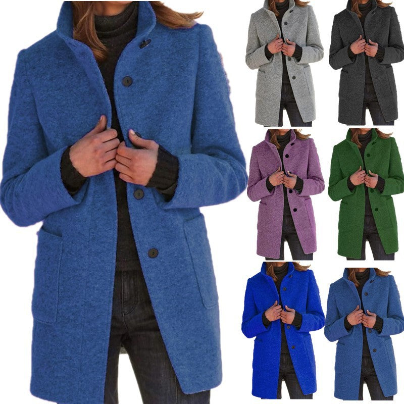 Women's Stand Collar Woolen Coat - Slim Fit Fall and Winter Button Front Trench Coat with Pockets