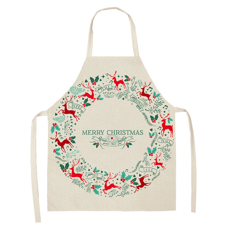 Christmas Deer Art Pattern Female Cleaning Home Cooking Kitchen Apron Chef Ear Cotton Linen