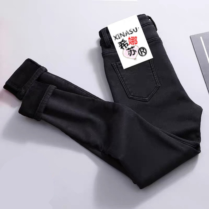 Women Velvet Jeans Stretch High Waist Winter Warm Pants
