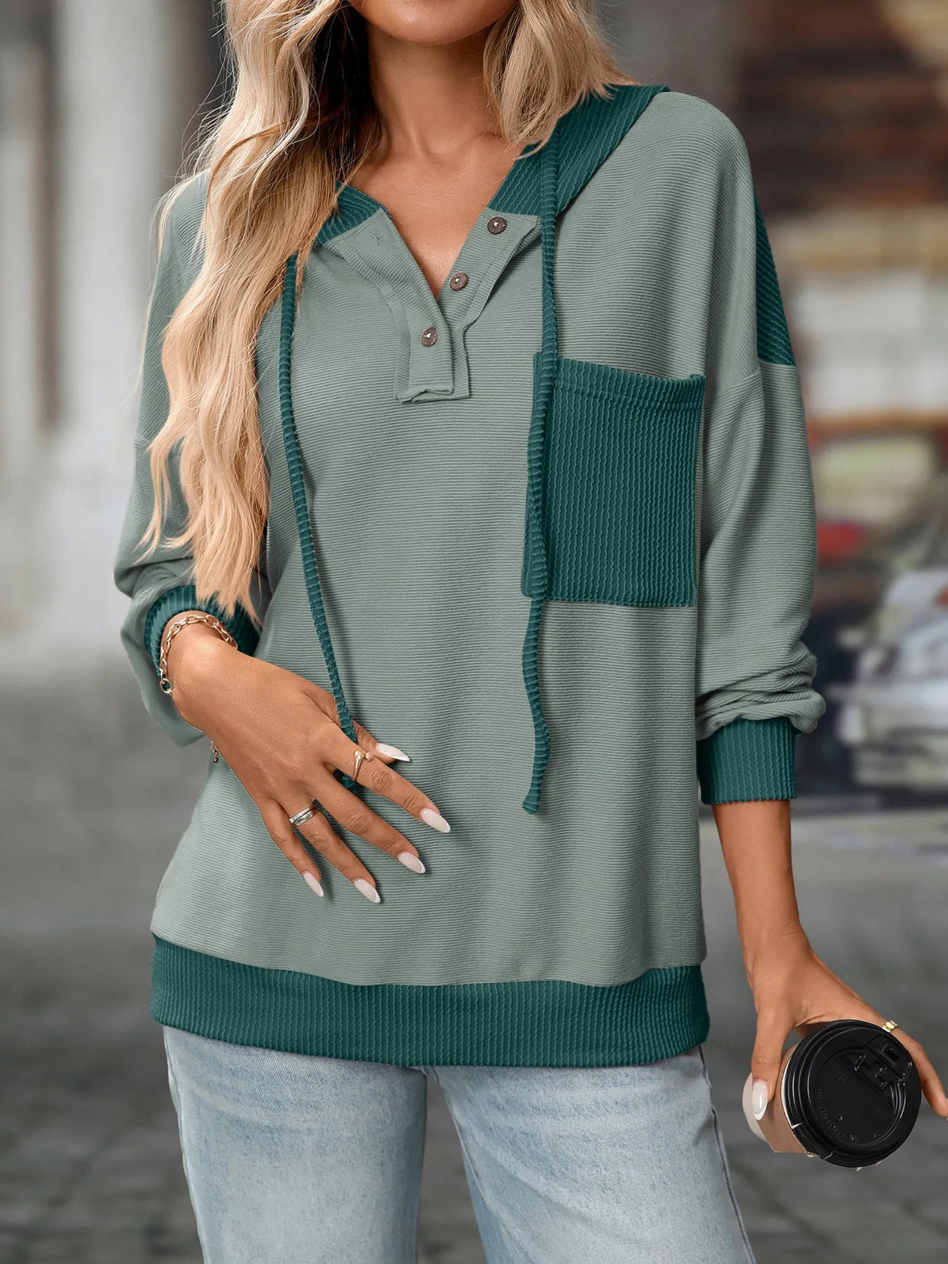 Drawstring Button Detail Long Sleeve Hoodie