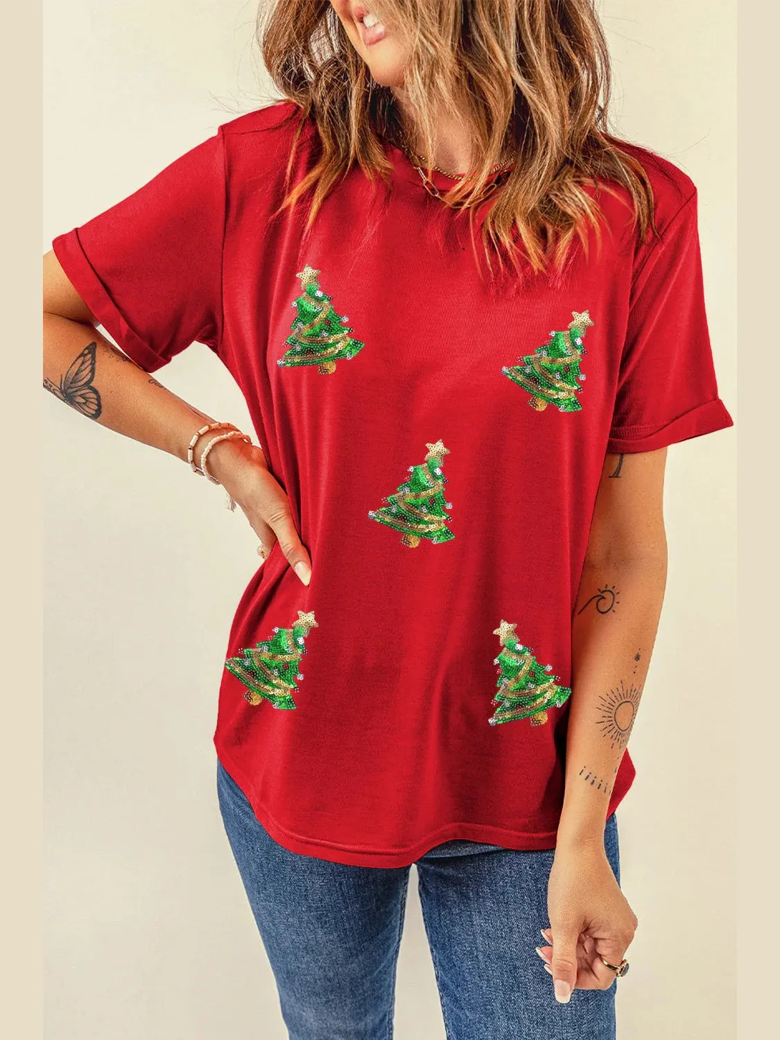 Sequin Christmas Tree Round Neck Short Sleeve T-Shirt