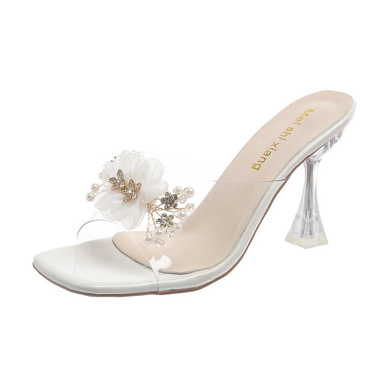 Transparent Slippers Outer Wear Stiletto Open Toe Flip-flops Flowers