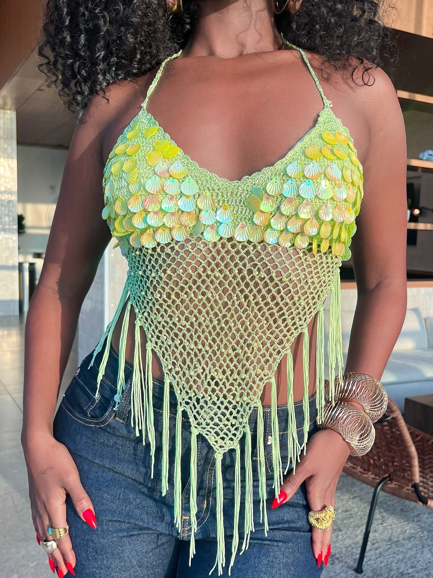 Beach Vacation Sequined Tassel Camisole Top