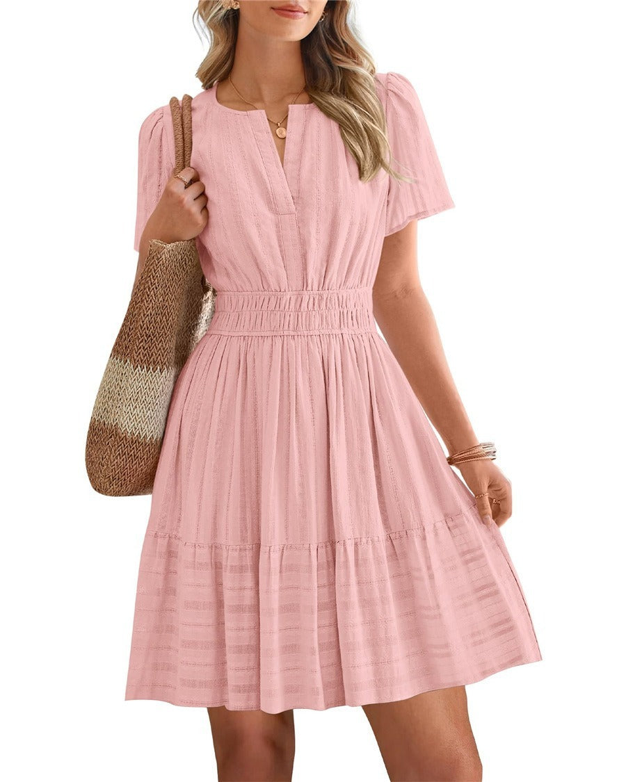 2026 Hot Sale Spring Summer Women's Solid Color V Neck Ruched Puff Sleeve Short Dress