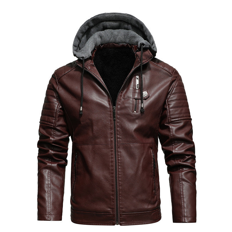 2026 Autumn And Winter New Men's Leather Jacket, Youth Men's Coat, Fleece-Lined Hooded Leather Jacket, Men's Jacket, Factory Ready Stock