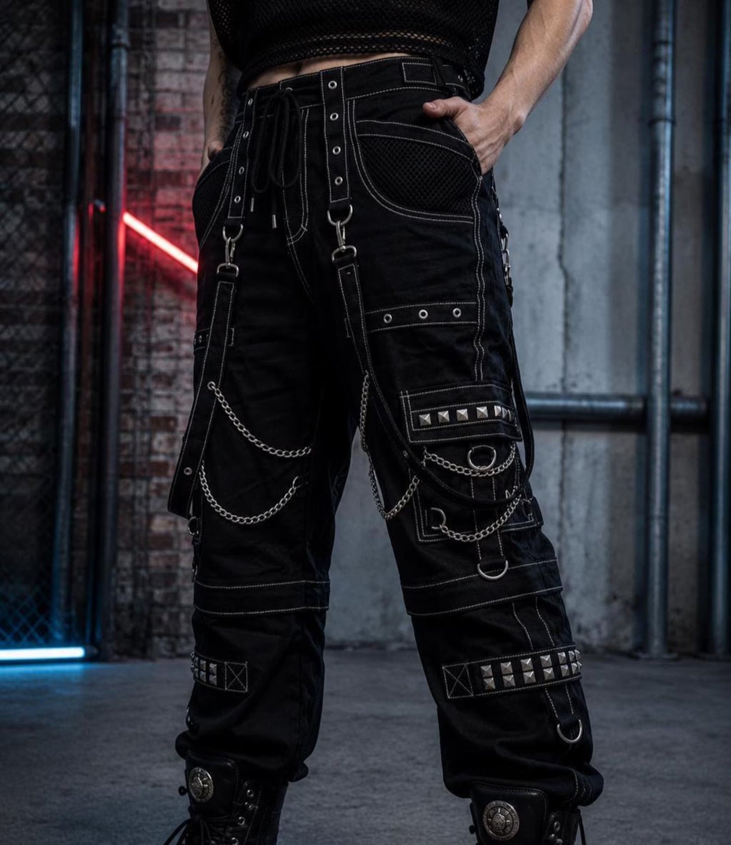 2 in 1 Cyberpunk Gothic Cargo convertible Pants for Men | Black Industrial Techwear Pants with Chains & Straps