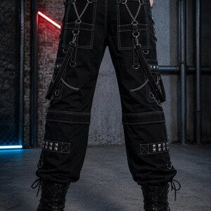 2 in 1 Cyberpunk Gothic Cargo convertible Pants for Men | Black Industrial Techwear Pants with Chains & Straps
