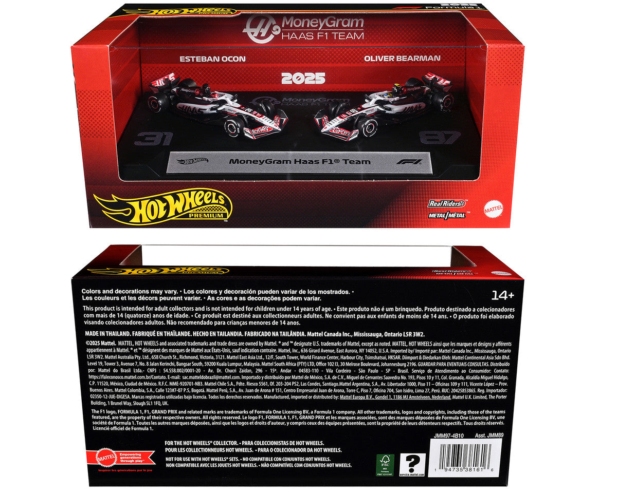 "MoneyGram Haas F1 Team" Formula One F1 World Championship (2025) 2 Piece Set Diecast Model Cars by Hot Wheels