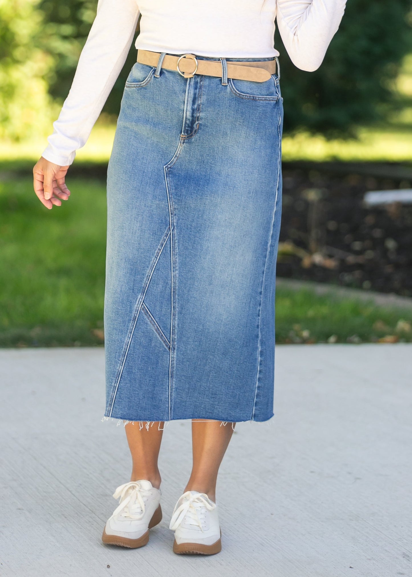 Lee A-Line Raw Hem Midi Skirt