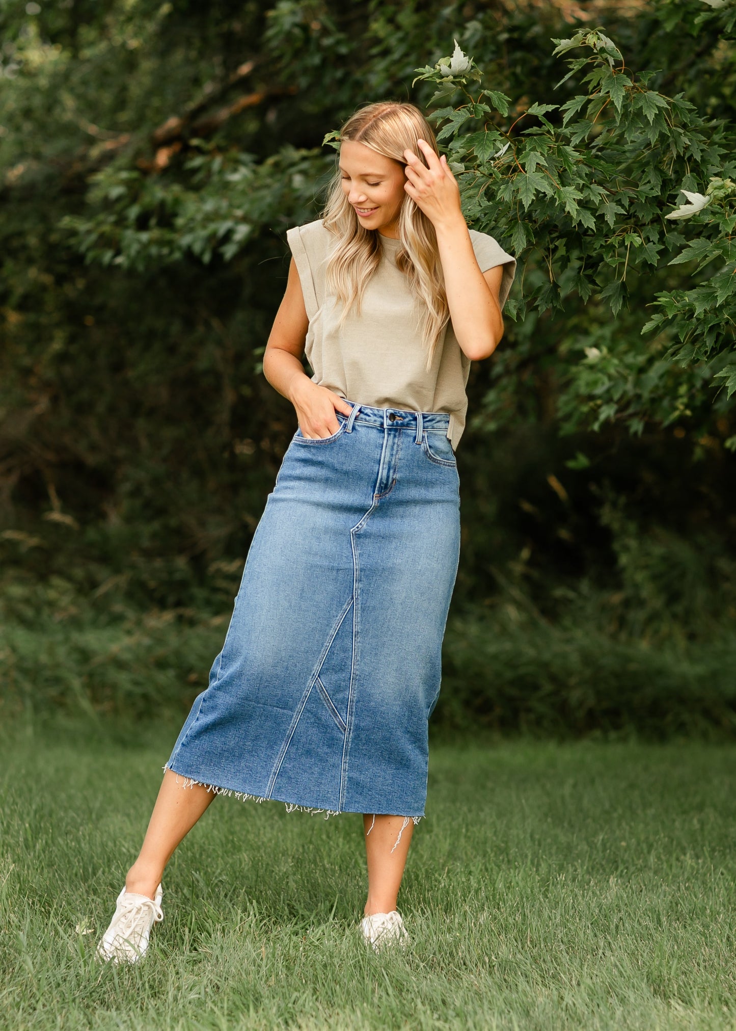 Lee A-Line Raw Hem Midi Skirt