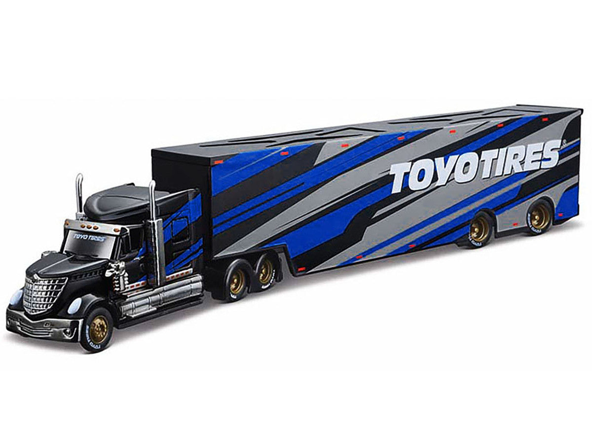 International LoneStar Enclosed Car Transporter "Toyo Tires" Black with Blue and Gray Stripes "Custom Haulers" Series 1/64 Diecast Model by Maisto