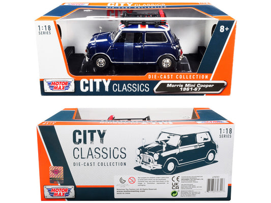 1961-1967 Morris Mini Cooper RHD (Right Hand Drive) Dark Blue with British Flag on the Top and Roof Rack "City Classics" Series 1/18 Diecast Model Car by Motormax