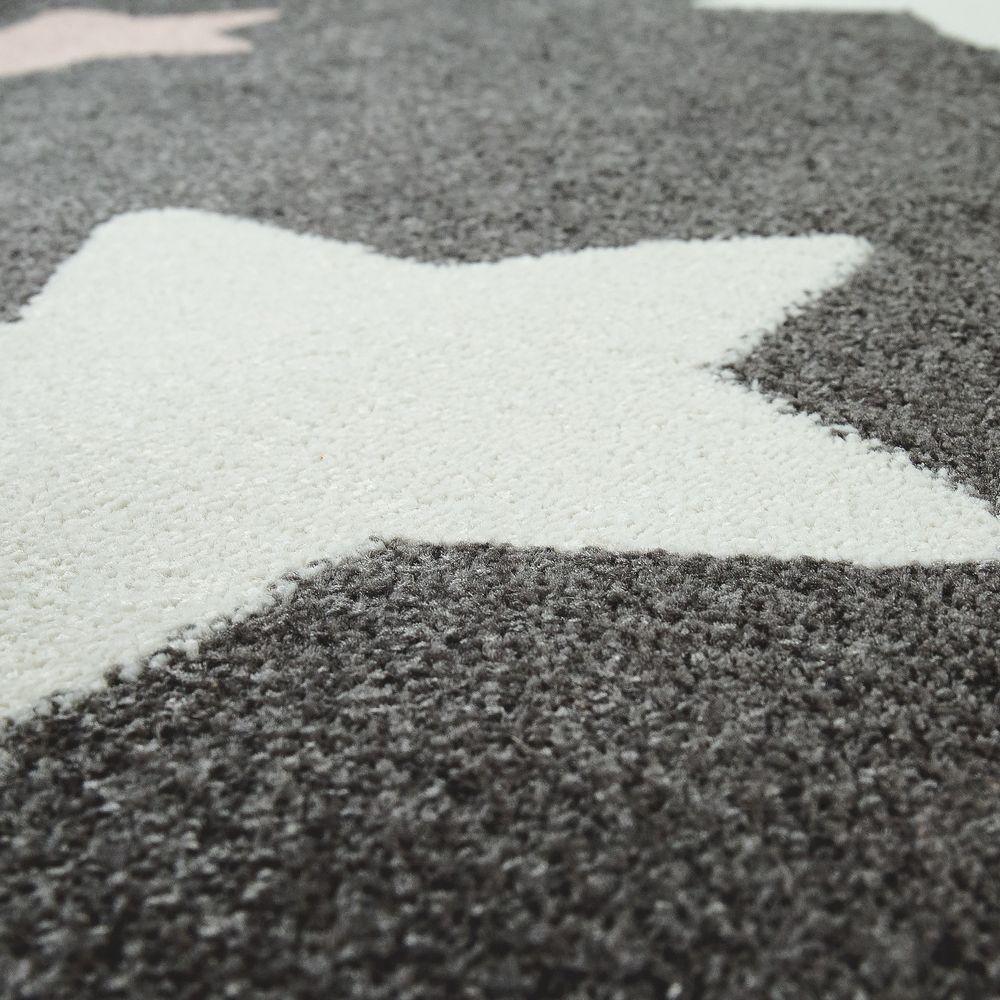 Nursery Rug for Kids in Grey with Pink White Pastel Stars