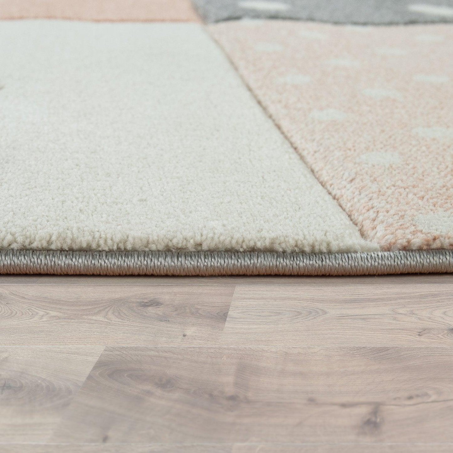 Nursery Rug Kids Checked Dots Hearts Stars in Pastel Apricot Grey