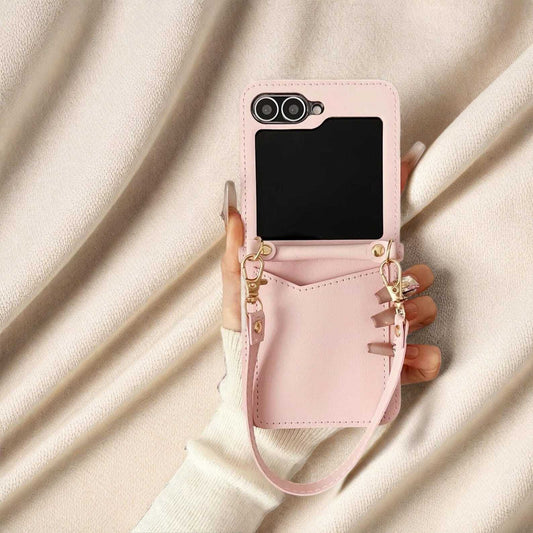 Luxury Leather Card Holder Case for Samsung Galaxy Z Flip 3 4 5 6 | Wrist Strap Folding Wallet Cover with Solid Color Design