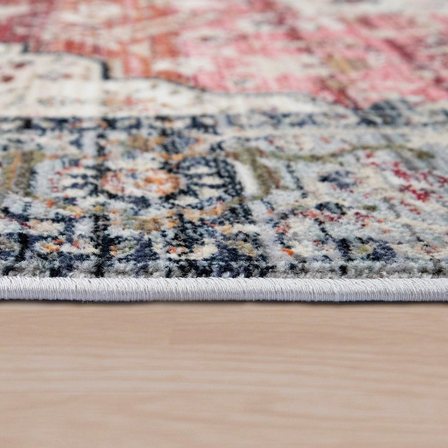 Rug, Short-Pile For Living Rooms, With Oriental Design And Border In Pink, Colourful