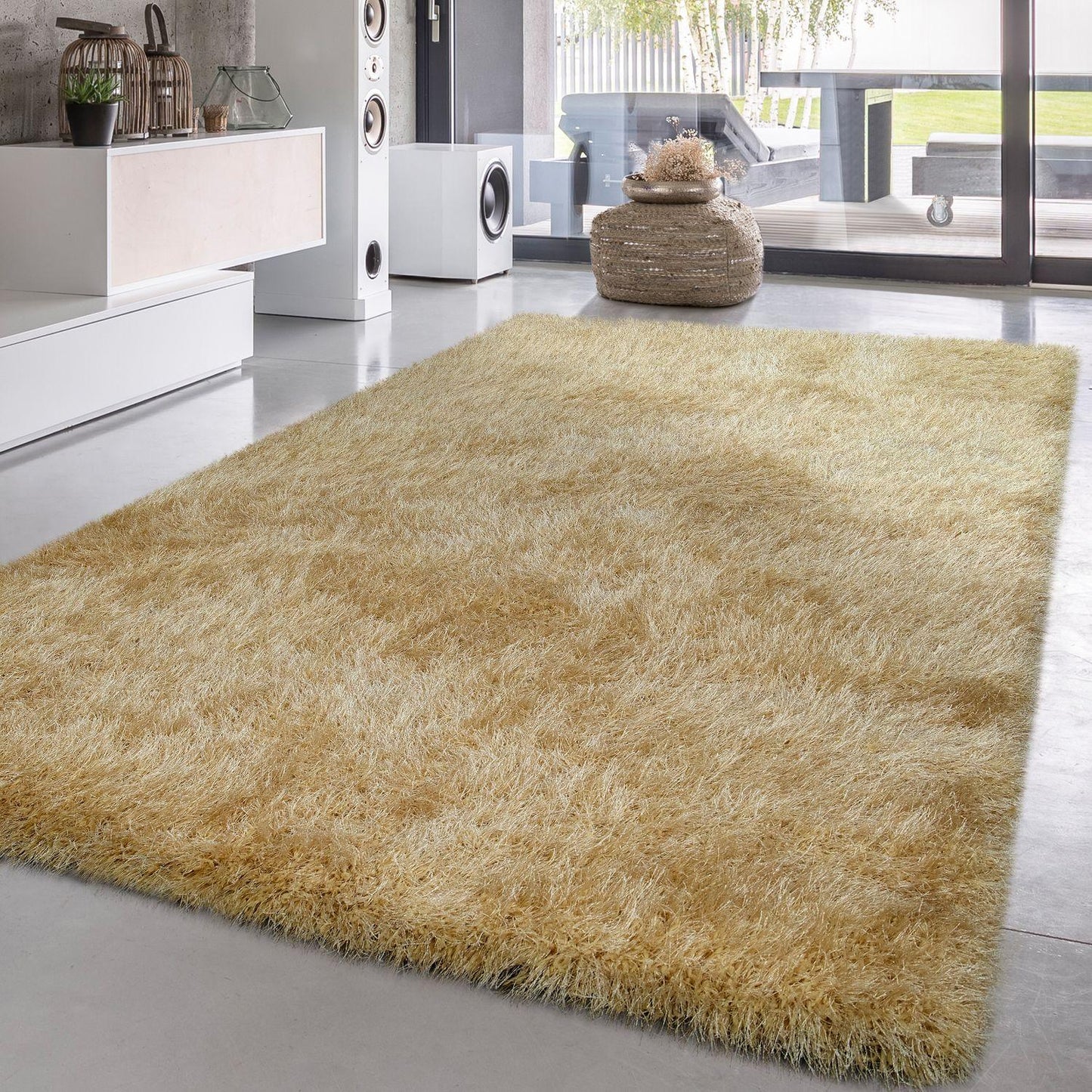 Shag Rug High Pile In Gold For Bedroom & Living Room Fluffy Glossy Pastel Yarn