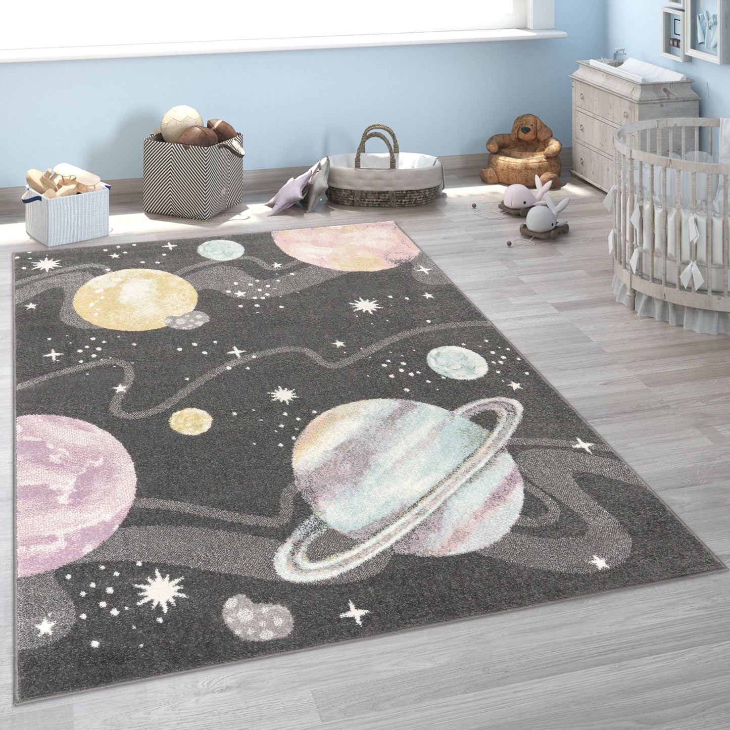 Kids Rug Nino Space with pastel colored Planets Stars in Anthracite