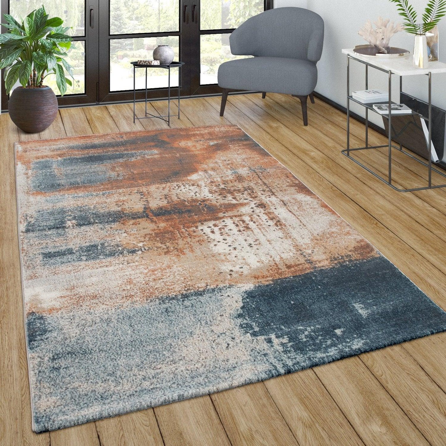 Vintage Rug Low-Pile Abstract Pattern In Orange Blue