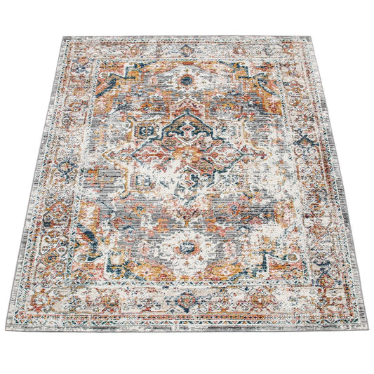 Vintage Rug Oriental Ornaments Border Cream Grey Orange