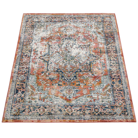 Vintage Rug Oriental Ornaments Border Red Blue Grey