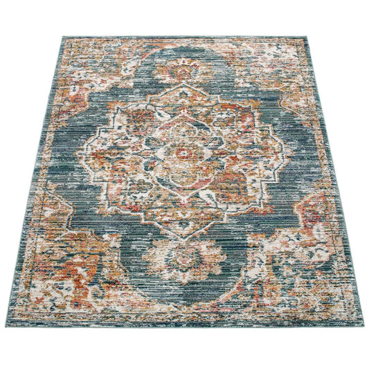 Vintage Rug Oriental Ornaments With Border Blue Green Multicolor
