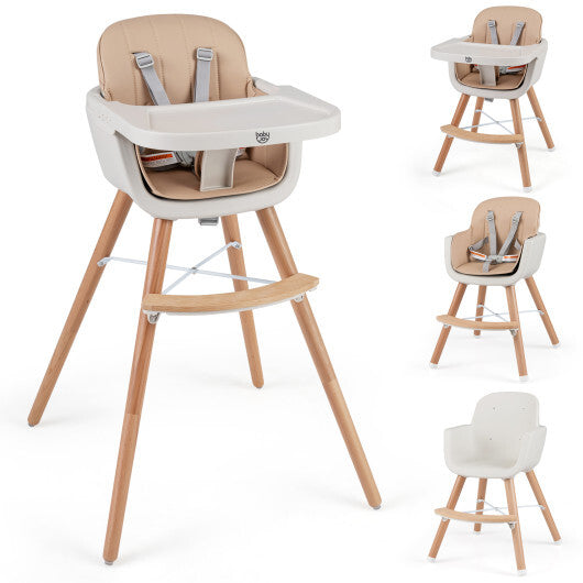 Babyjoy 6-in-1 Convertible Wooden Highchair with Safety Harness and Adjustable Legs-Light Brown
