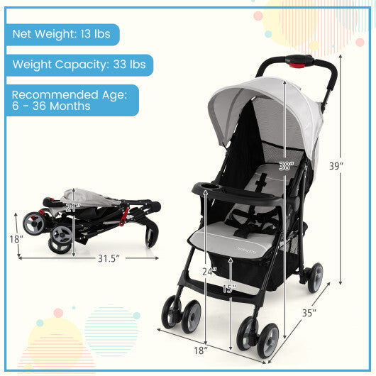 Toddler Travel Stroller for Airplane with Canopy and Adjustable Backrest-Gray