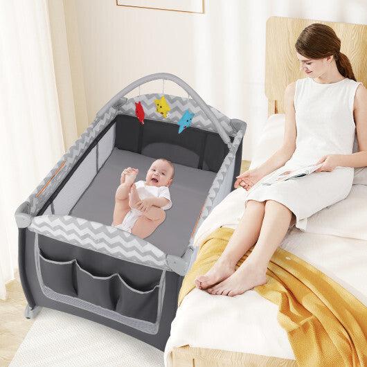 Babyjoy 3-in-1 Portable Baby Playard with Zippered Door and Toy Bar-Gray