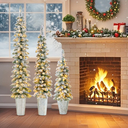 Costway Set of 3 Pre-Lit Snow Flocked Artificial Christmas Trees Decoration 3  4  5 FT