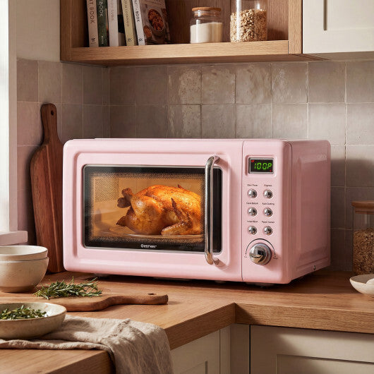 Costway 700W Retro Countertop Microwave Oven with 5 Micro Power and Auto Cooking Function-Pink