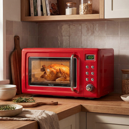 Costway 700W Retro Countertop Microwave Oven with 5 Micro Power and Auto Cooking Function-Light Red
