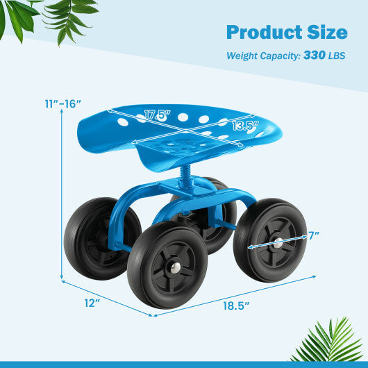 Garden Rolling Workseat with 360 Swivel Seat and Adjustable Height-Blue
