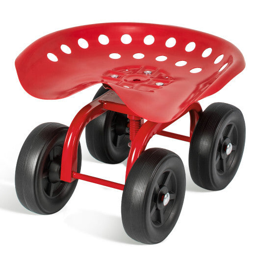 Garden Rolling Workseat with 360 Swivel Seat and Adjustable Height-Red