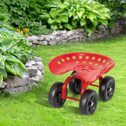 Garden Rolling Workseat with 360 Swivel Seat and Adjustable Height-Red