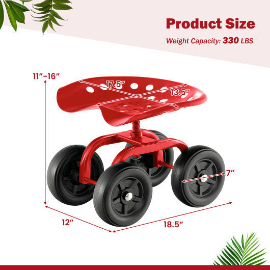 Garden Rolling Workseat with 360 Swivel Seat and Adjustable Height-Red