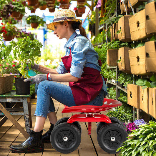 Garden Rolling Workseat with 360 Swivel Seat and Adjustable Height-Red