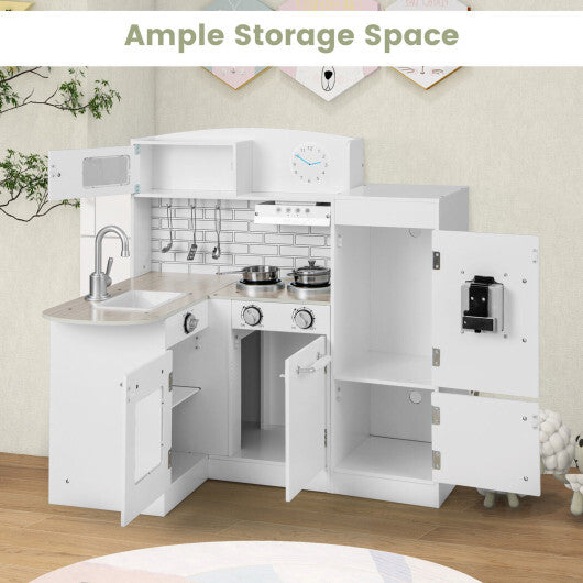 Costway Kids Kitchen Playset Conor Kitchen Toy with Realistic Microwave and Oven Stove-White