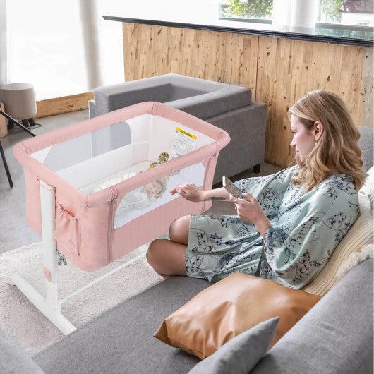 Babyjoy 3-in-1 Baby Bassinet Beside Sleeper Crib with 5-Level Adjustable Heights Pink