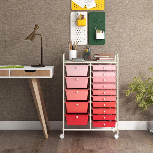 Costway 15-Drawer Utility Rolling Organizer Cart Multi-Use Storage-Gradient Pink