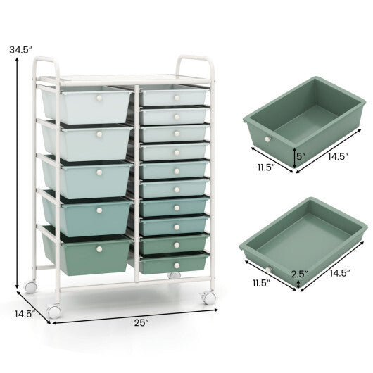 15-Drawer Utility Rolling Cart with Drawers Multi-Use Storage-Lime Green