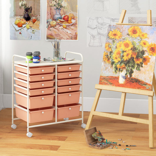 Costway 12-Drawer Rolling Storage Cart with Removable Drawers and Lockable Wheels-Peach