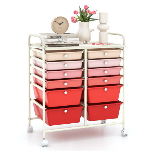 Costway 12-Drawer Rolling Storage Cart with Removable Drawers and Lockable Wheels-Pink