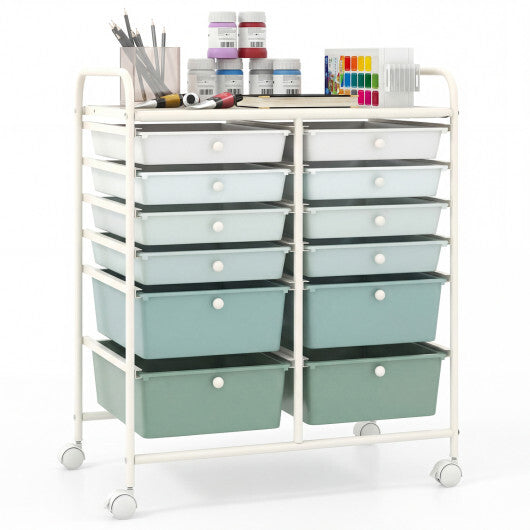 Costway 12-Drawer Rolling Storage Cart with Removable Drawers and Lockable Wheels-Green Gradient