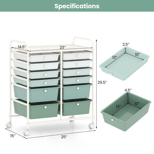 Costway 12-Drawer Rolling Storage Cart with Removable Drawers and Lockable Wheels-Green Gradient