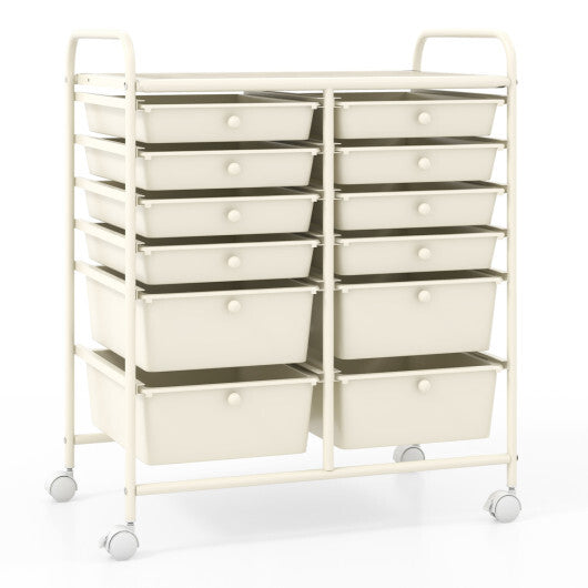 Costway 12-Drawer Rolling Storage Cart with Removable Drawers and Lockable Wheels-Beige