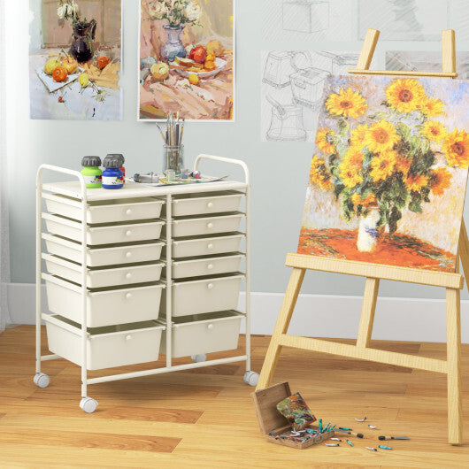 Costway 12-Drawer Rolling Storage Cart with Removable Drawers and Lockable Wheels-Beige